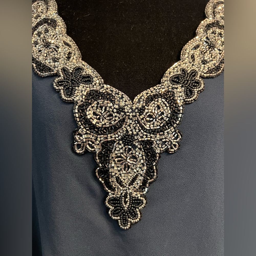 JKARA Navy Petite Beaded Cocktail Dress Womens 16P - Picture 6 of 7